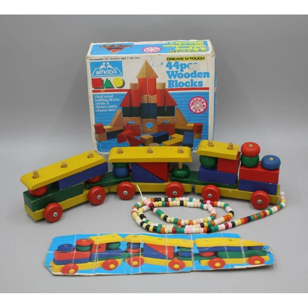 My Kids 44pc Wooden Blocks + Train Pull Vintage Set Primary Toddler Montessori